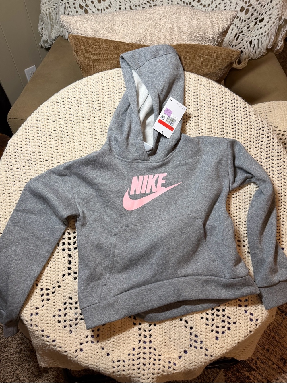 Nike Kids Gray Hoodie with Pink Swoosh